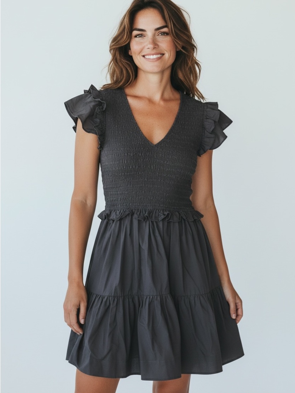 Sea New York Charcoal Flutter-Sleeve Smocked Mini Dress